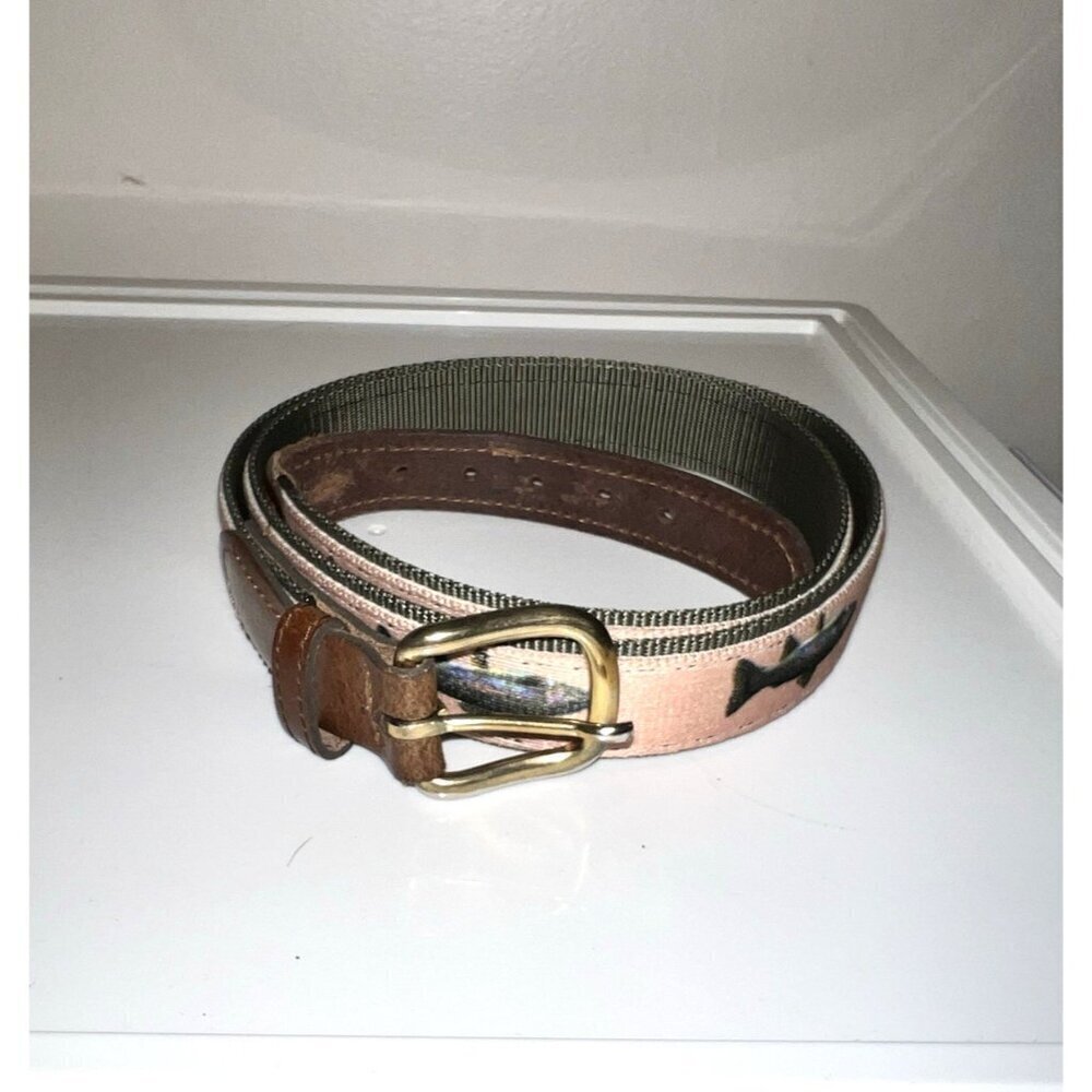Leather Brass Buckle Brown Fish Print Mens Belt Sz 42 Fishing Fisherman